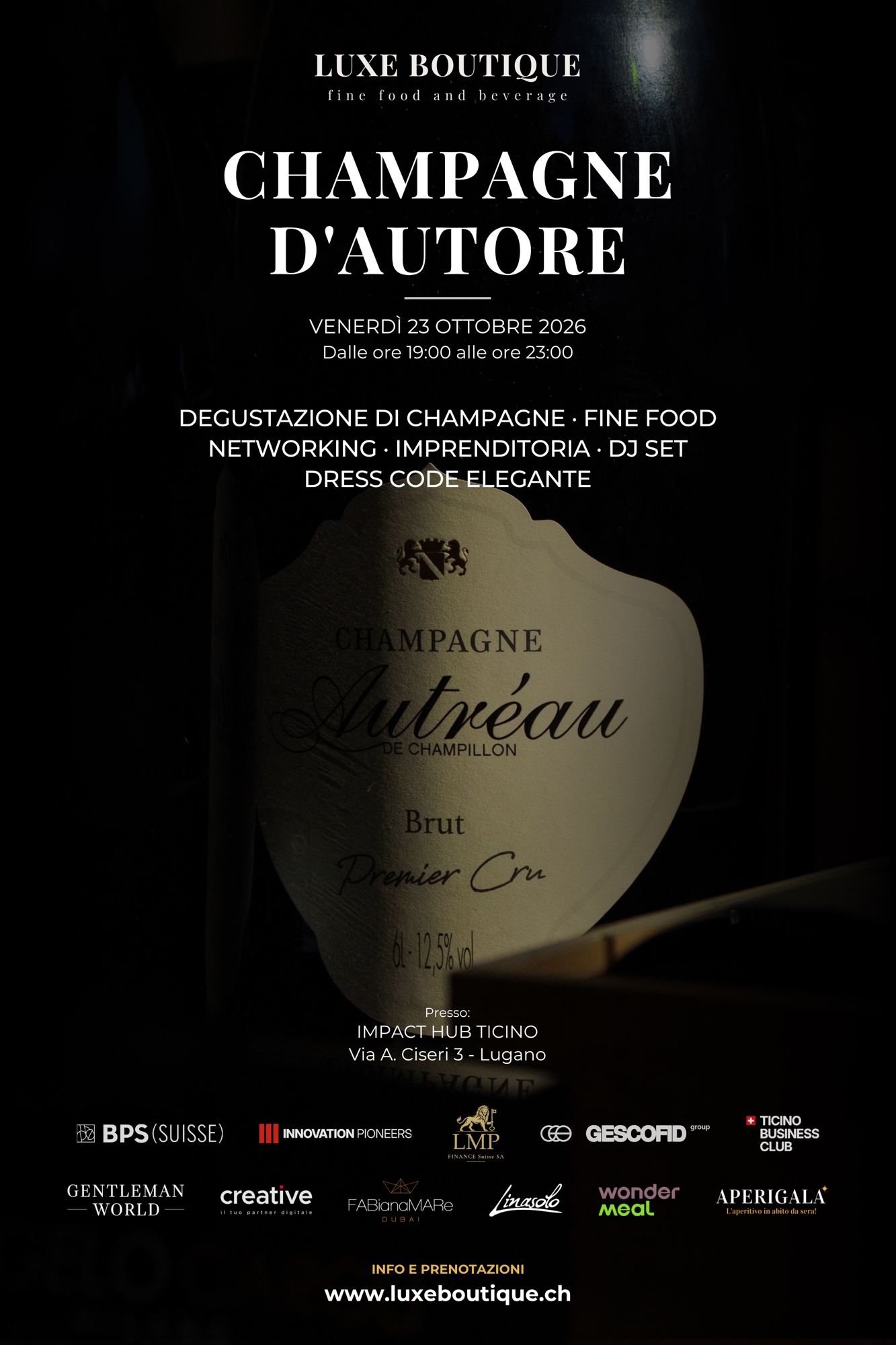 Locandina Champagne d’Autore, Luxe Boutique, 23 ottobre 2026, Impact Hub Ticino Lugano